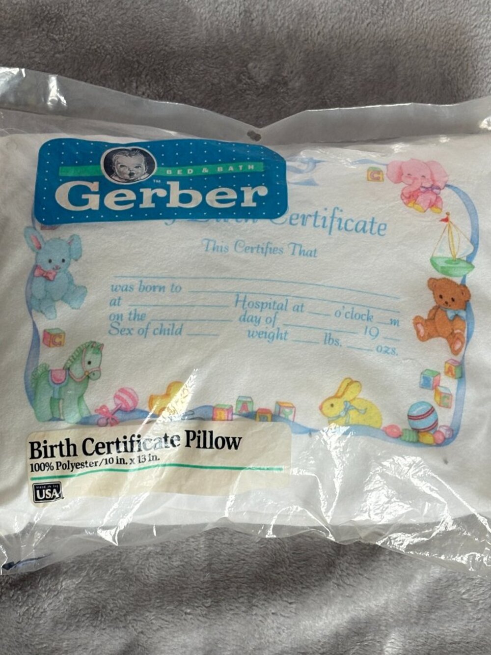 Gerber Birth Certificate Pillow Unisex Baby Made USA 1993 Polyester 10 x 13 Inch